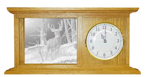 Solid oak decorative mantle clock with deer etched mirror