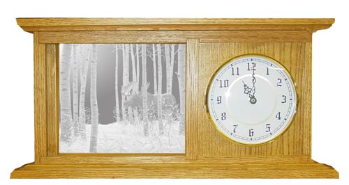 Solid oak decorative mantle clock with moose etched mirror