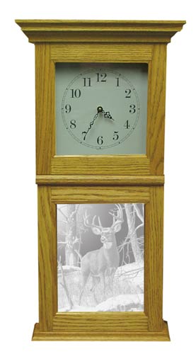Solid oak decorative wall clock with deer etched mirror